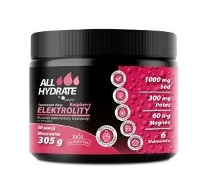 ALLHydrate, Elektrolity Raspberry 305g, 50 porcji - zestaw minerałów,  takich jak potas, wapń, sód i magnez, które utrzymują równowagę płynów elektrolitowych w organizmie na odpowiednim poziomie.
