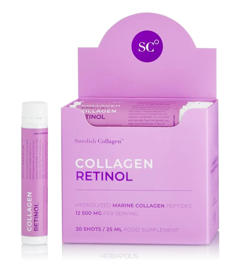 Collagen Retinol - redukcja oznak starzenia, poprawa jędrności i nawilżenia skóry, wsparcie dla włosów i paznokci, 20  szotów- 25 ml