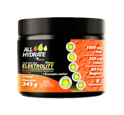 ALLHydrate, Elektrolity Mango + B complex methyl 345g, 50 porcji - zestaw minerałów,  takich jak potas, wapń, sód i magnez, które utrzymują równowagę płynów elektrolitowych w organizmie na odpowiednim poziomie.