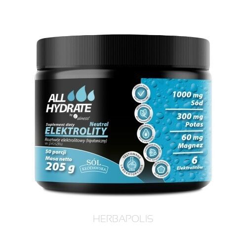 ALLHydrate, Elektrolity Neutral 205g, 50 porcji - zestaw minerałów,  takich jak potas, wapń, sód i magnez, które utrzymują równowagę płynów elektrolitowych w organizmie na odpowiednim poziomie